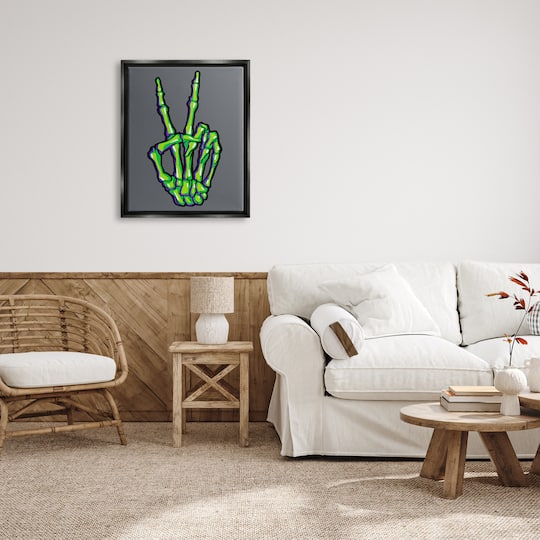 Stupell Industries Green Skeleton Peace Hand Framed Floater Canvas Wall Art